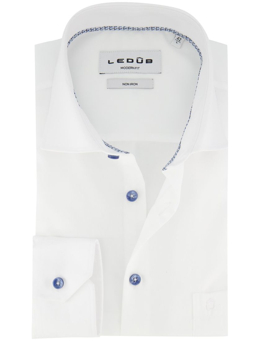 Overhemd blauw knoopjes wit ledub modern fit strijkvrij