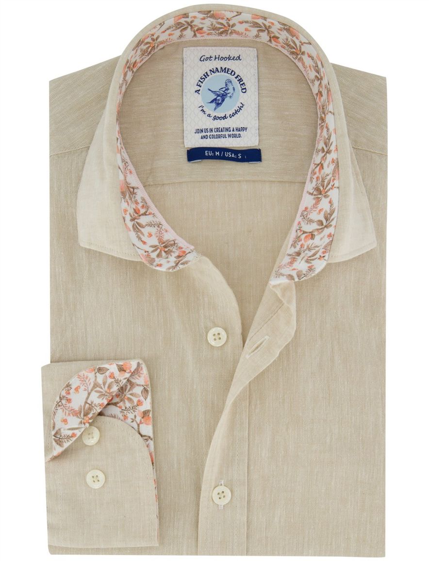 A Fish Named Fred overhemd gemeleerd beige katoen linnen