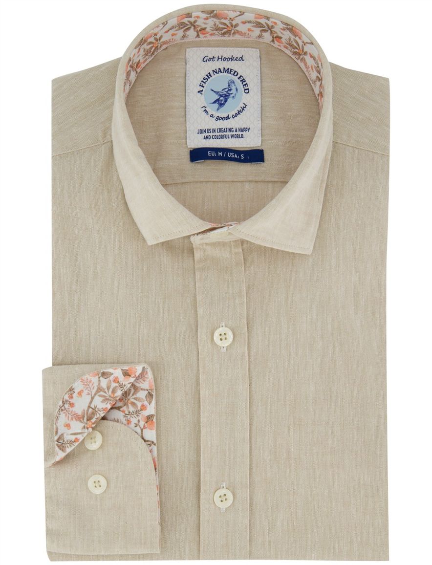Overhemd A Fish Named Fred beige gemeleerd katoen linnen