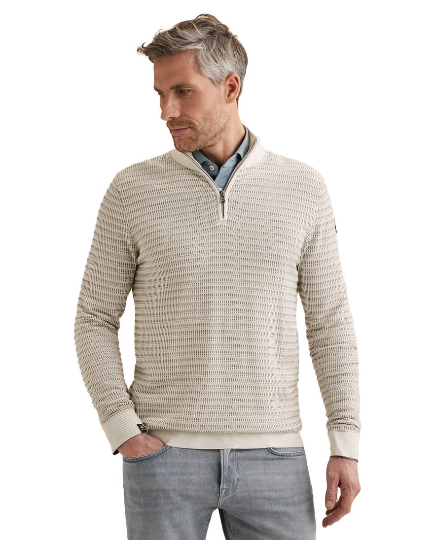 Vanguard trui beige effen met structuur half zip