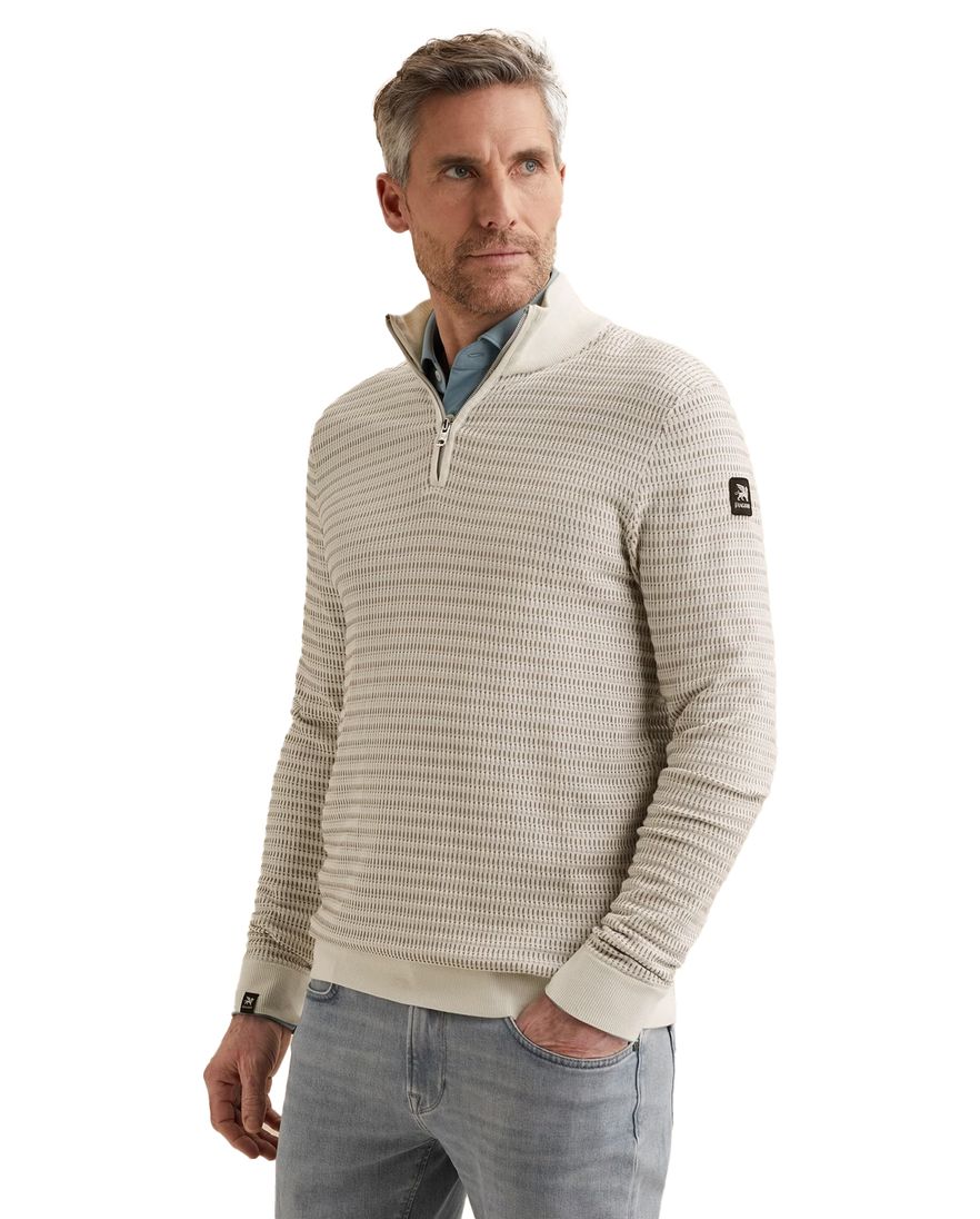 Vanguard trui beige effen met structuur half zip