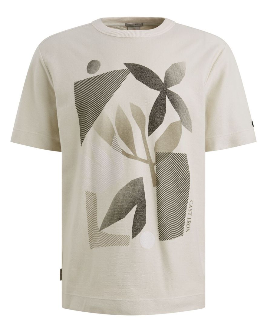 Beige t-shirt Cast Iron met oprduk normale fit