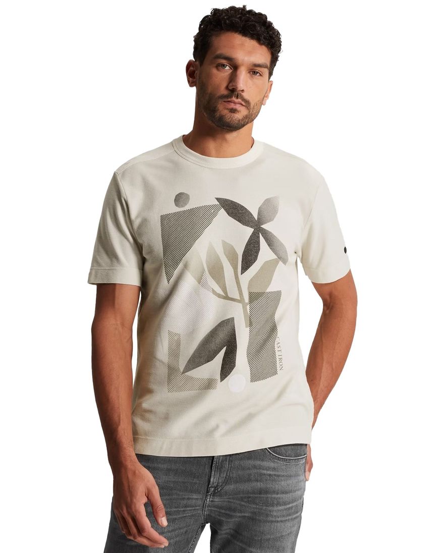 Beige t-shirt Cast Iron met oprduk normale fit