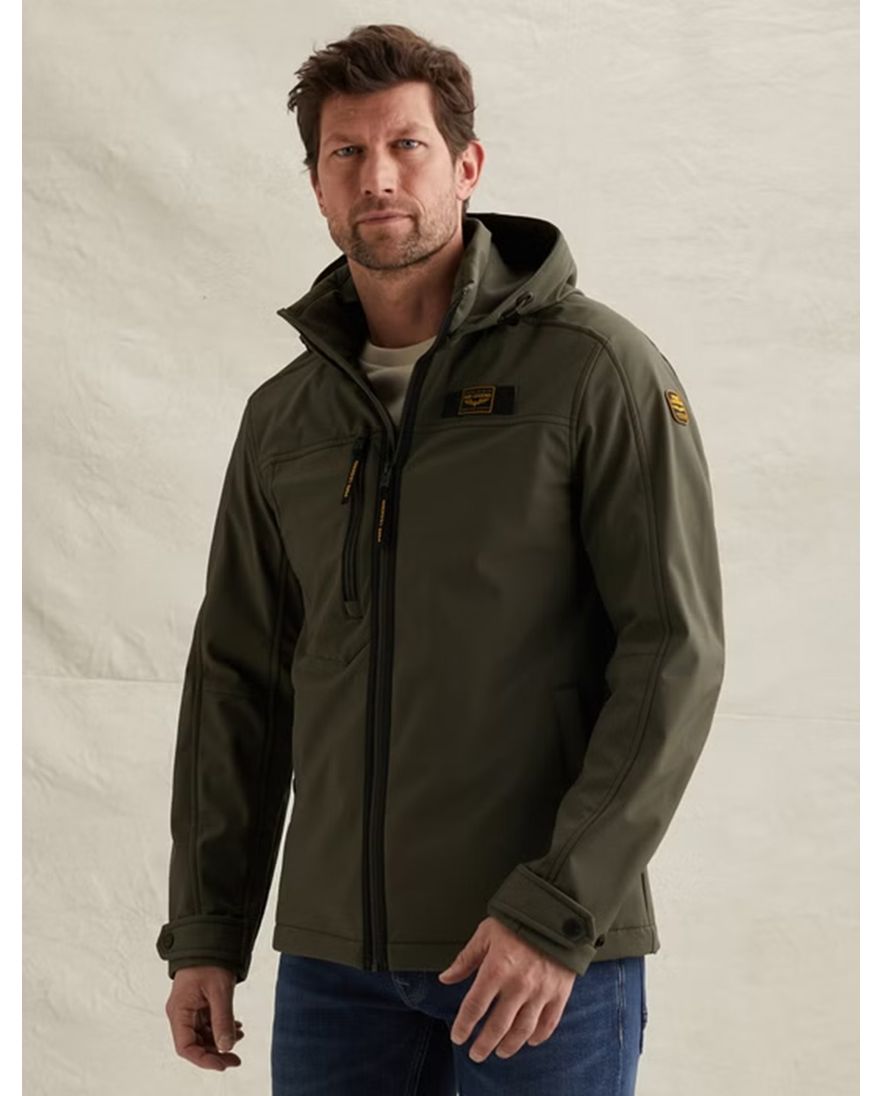 Softshell jas PME Legend Successor donkergroen afritsbare capuchon