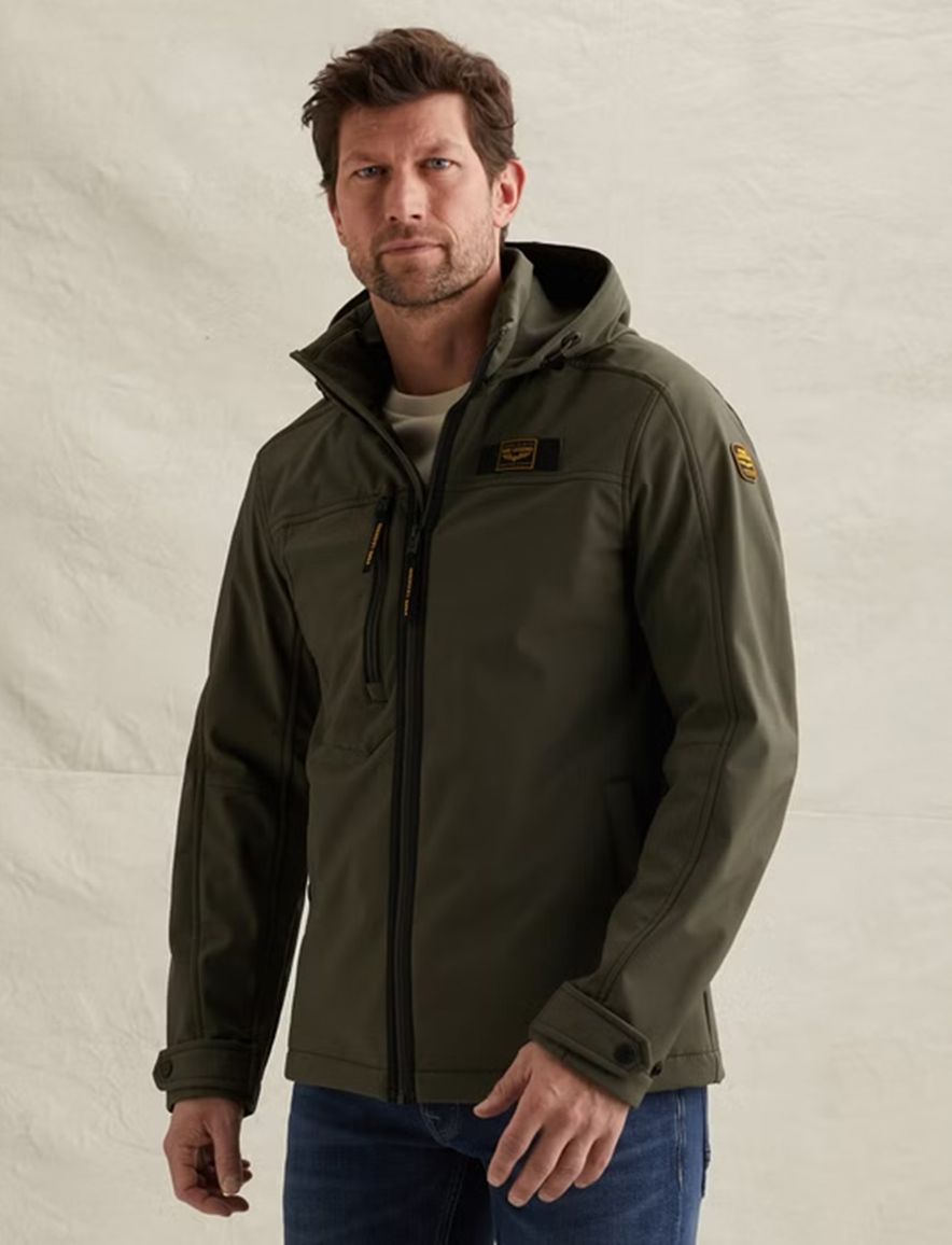 Softshell jas PME Legend Successor donkergroen afritsbare capuchon