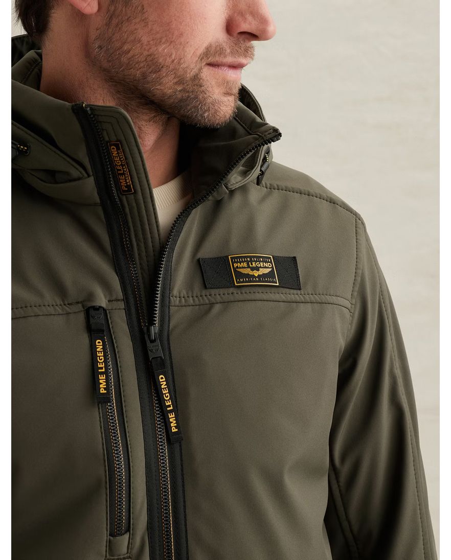 Softshell jas PME Legend Successor donkergroen afritsbare capuchon