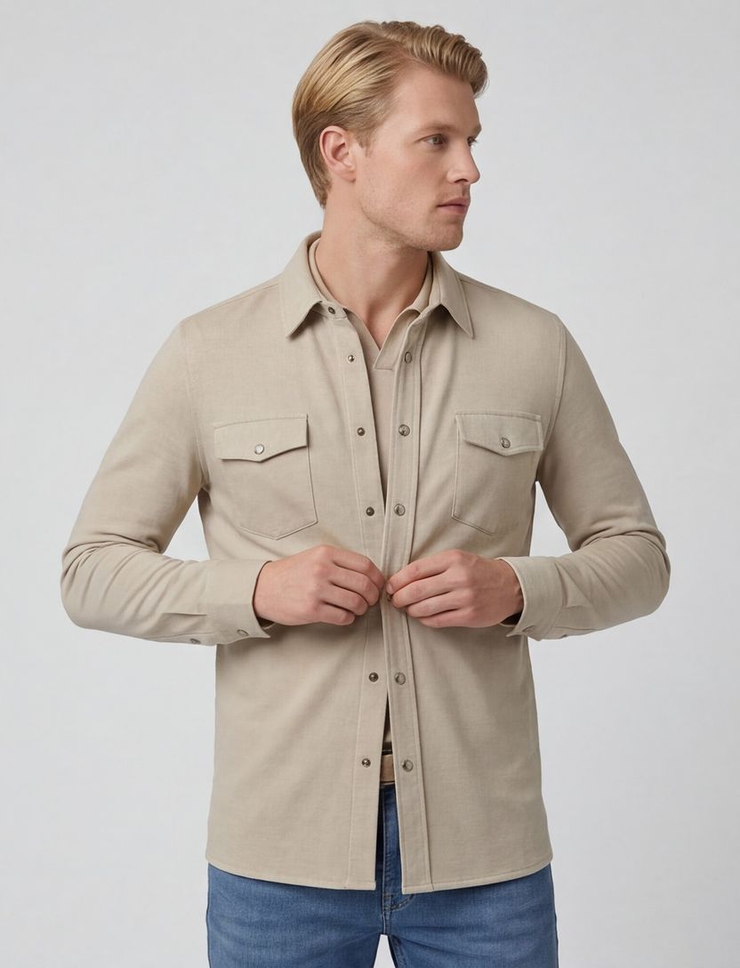 Overshirt Profuomo beige normale fit dubbele borstzakken