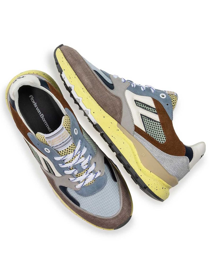 Blauw beige Van Bommel sneaker suède met witte details