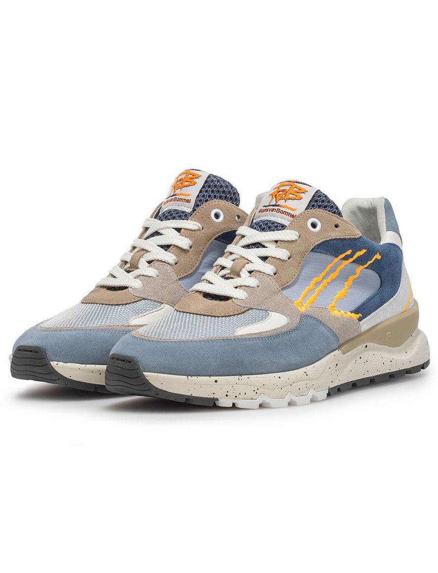 Blauw beige Van Bommel sneaker textiel met witte accenten
