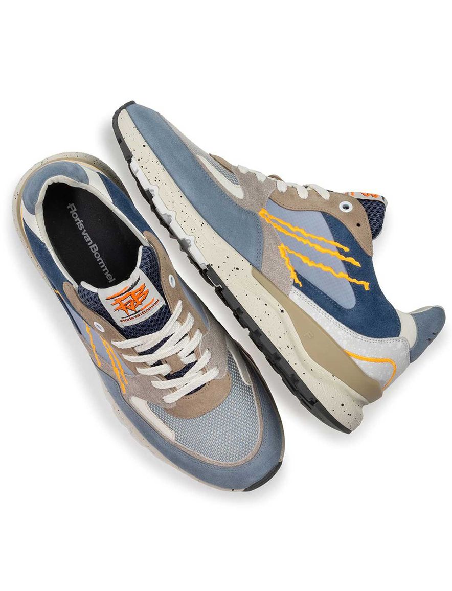 Blauw beige Van Bommel sneaker textiel met witte accenten