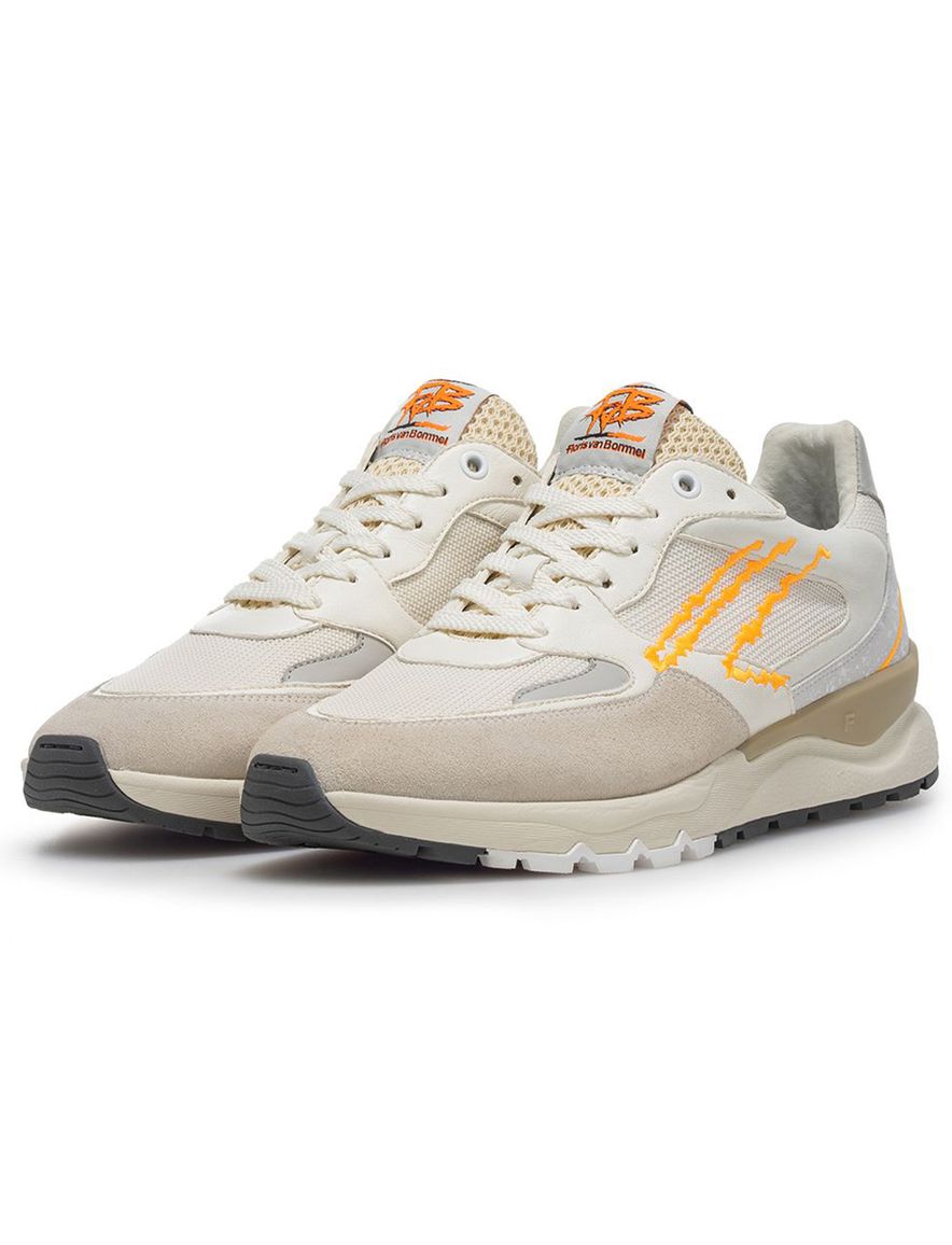 Wit beige Van Bommel sneaker leer met oranje accenten