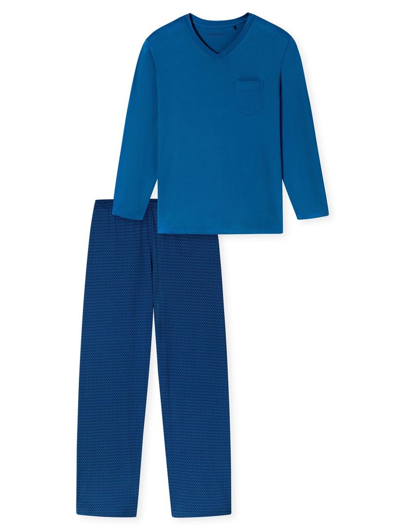Katoenen Schiesser pyjama blauw geprint borstzak