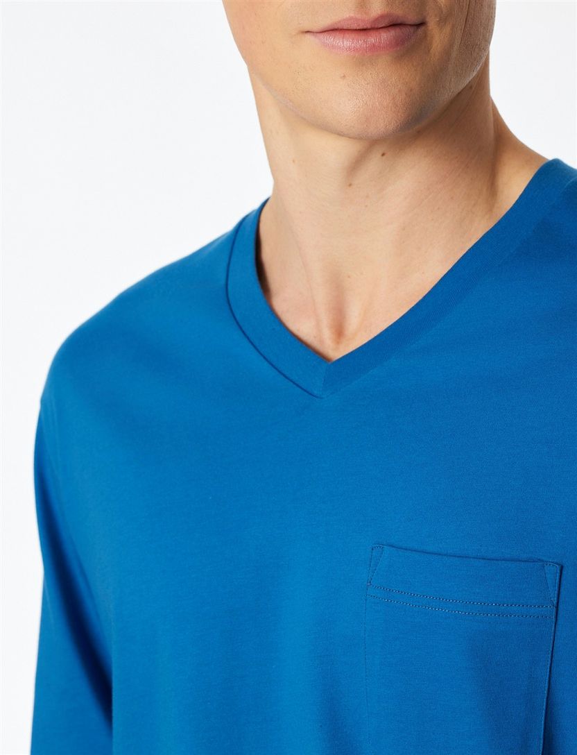 Katoenen Schiesser pyjama blauw geprint borstzak