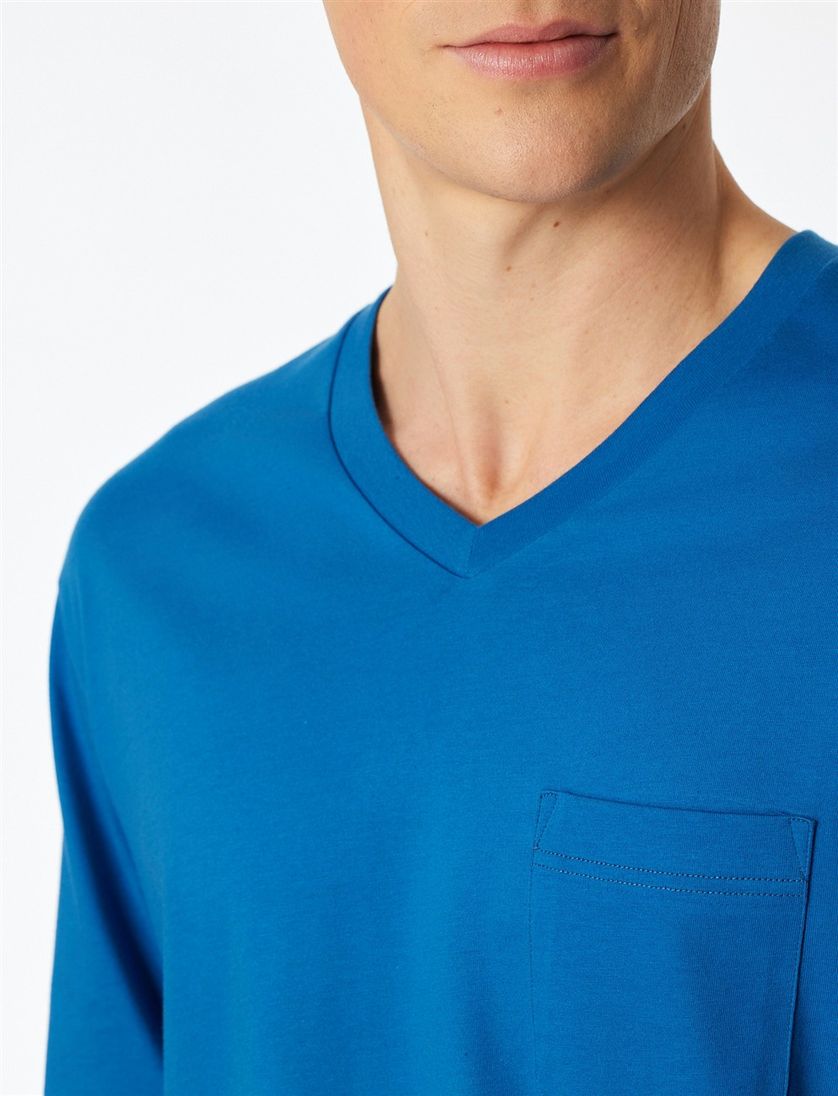 Katoenen Schiesser pyjama blauw geprint borstzak