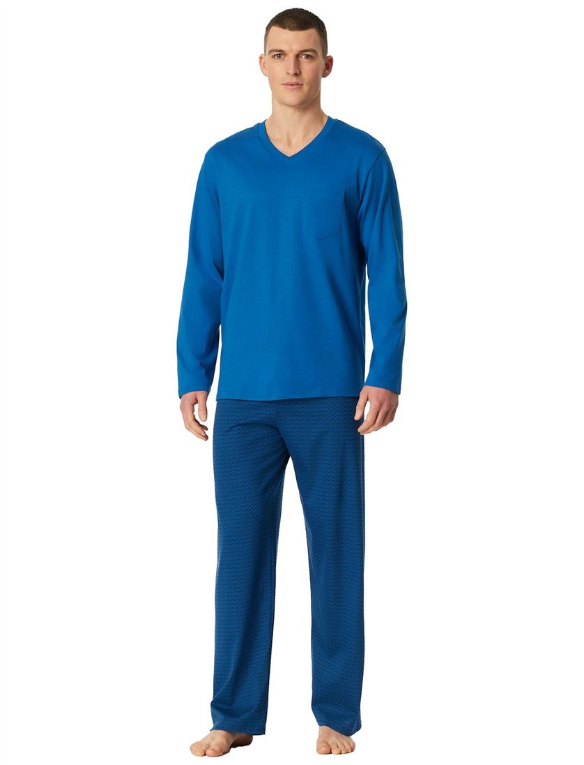 Katoenen Schiesser pyjama blauw geprint borstzak