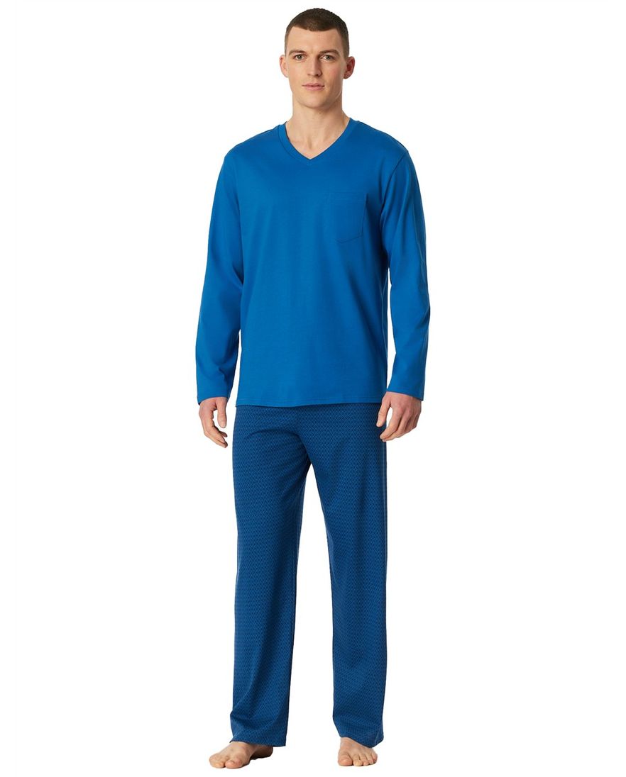 Schiesser pyjama lang blauw met print normale fit