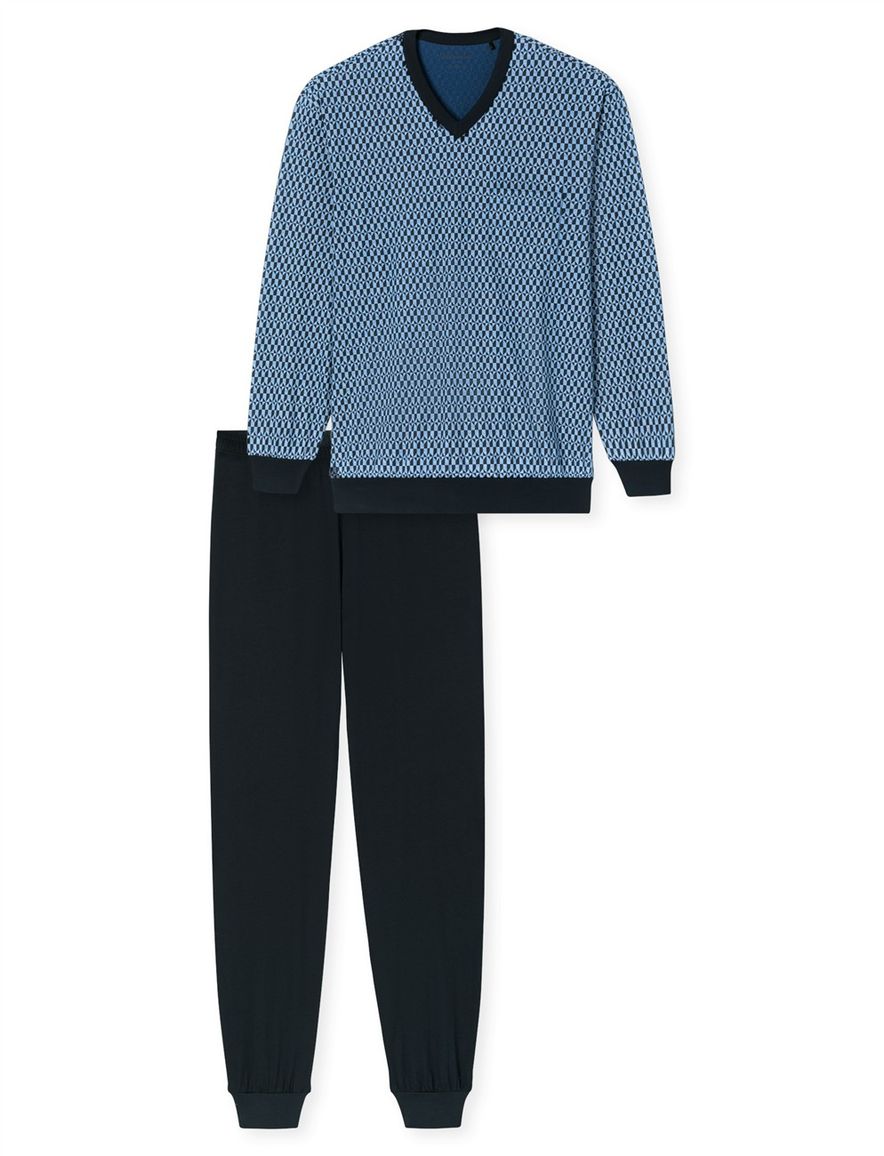 Schiesser lange pyjama blauw met print en v hals
