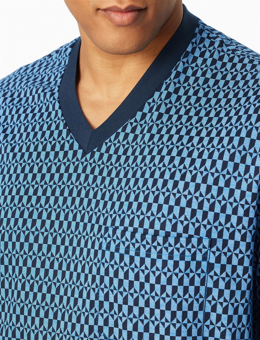 Schiesser lange pyjama blauw met print en v hals