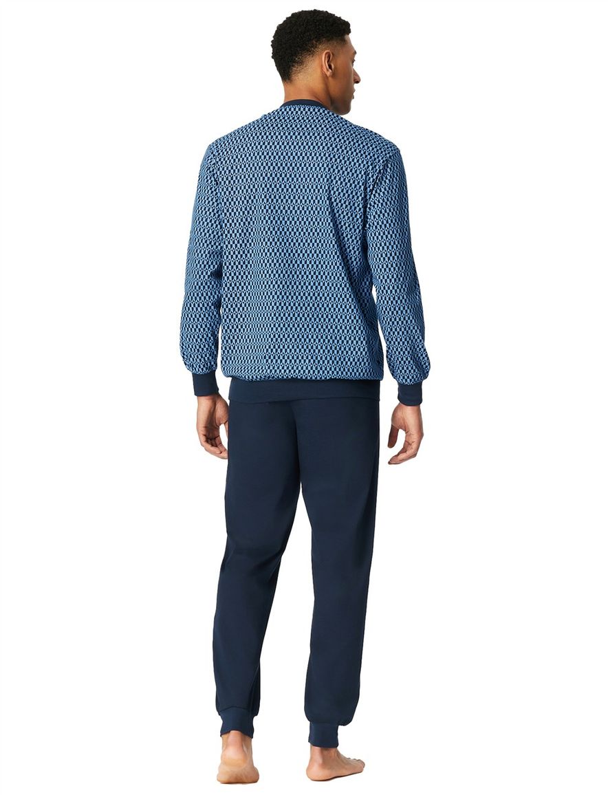 Schiesser lange pyjama blauw met print en v hals