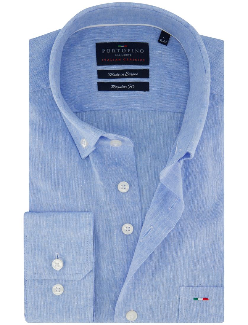 Portofino overhemd button down lichtblauw linnen Regular Fit