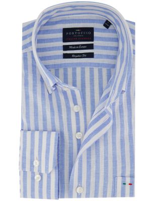 Portofino Portofino regular fit overhemd blauw gestreept linnenblend