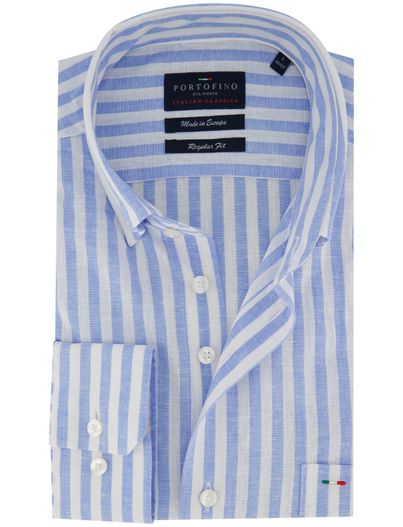 Portofino Portofino regular fit overhemd blauw gestreept linnenblend