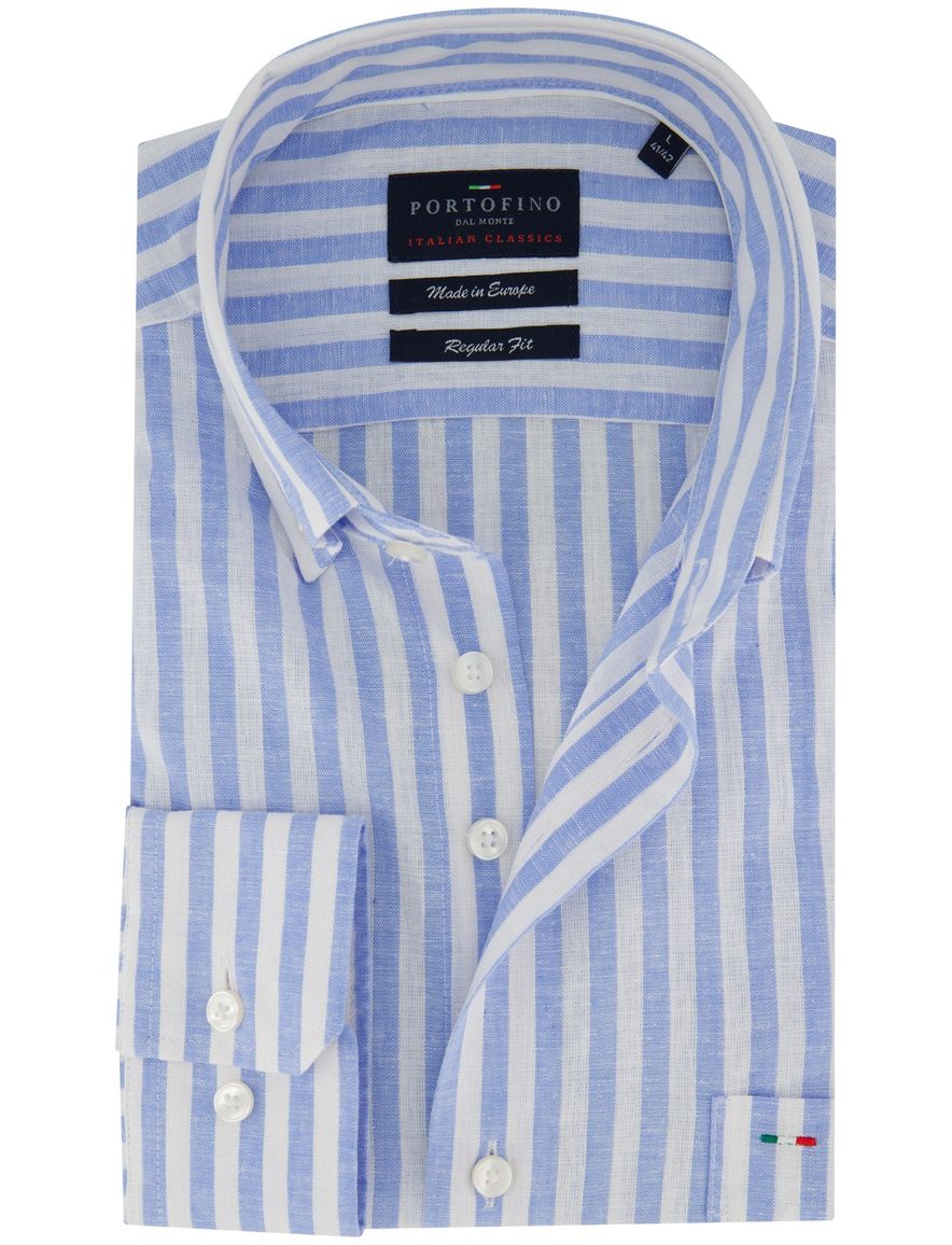 Portofino regular fit overhemd blauw gestreept linnenblend