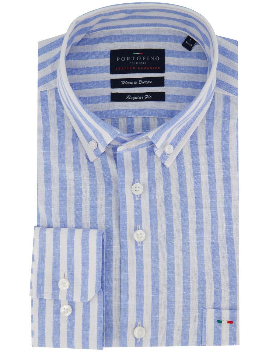 Portofino regular fit overhemd blauw gestreept linnenblend