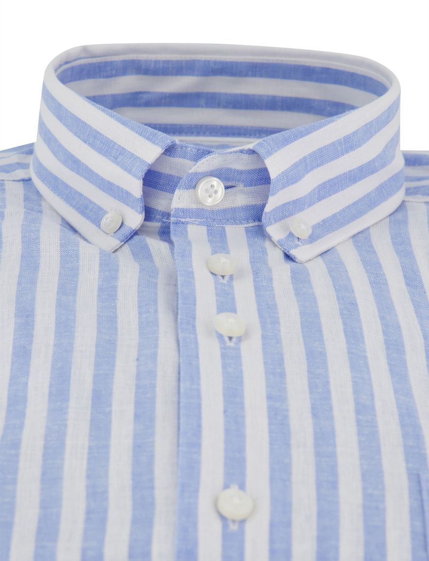 Portofino regular fit overhemd blauw gestreept linnenblend