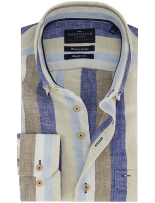 Portofino Portofino overhemd blauw beige streep borstzak button-down