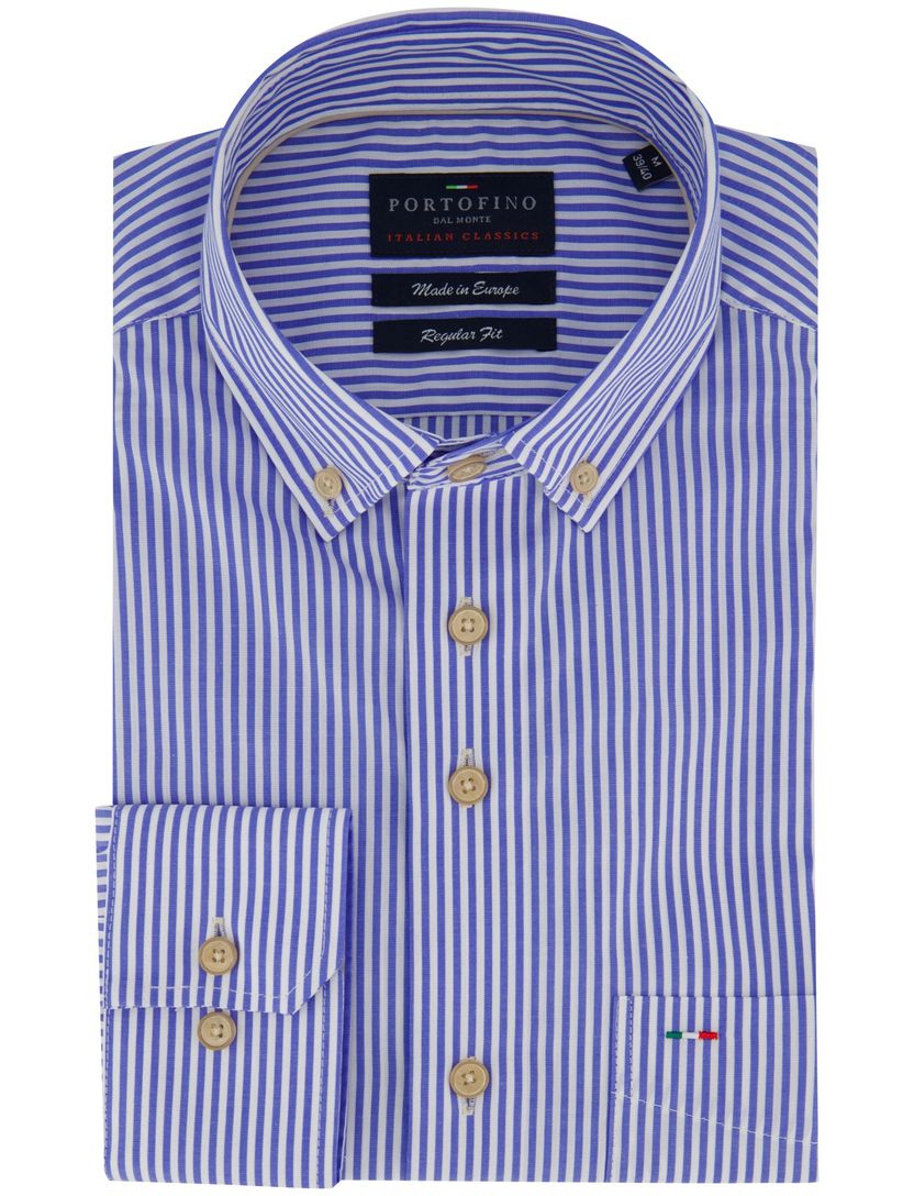 Overhemd blauw gestreept Portofino enkele borstzak casual