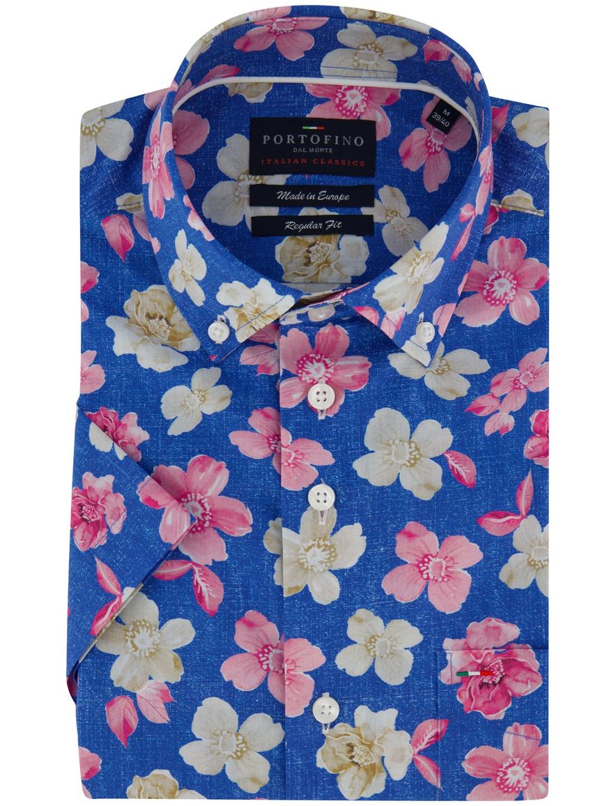 Portofino overhemd floral print blauw roze en creme button-down