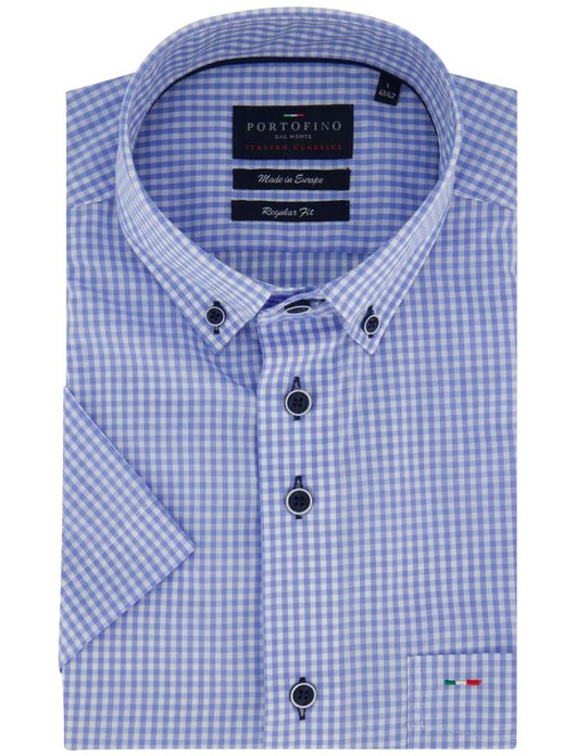 Portofino overhemd blauw geruit korte mouw