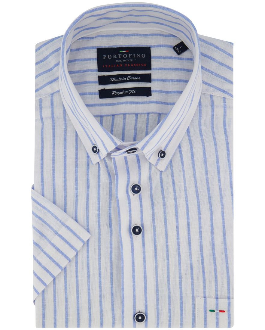 Portofino overhemd linnen gestreept korte mouw blauw Regular Fit