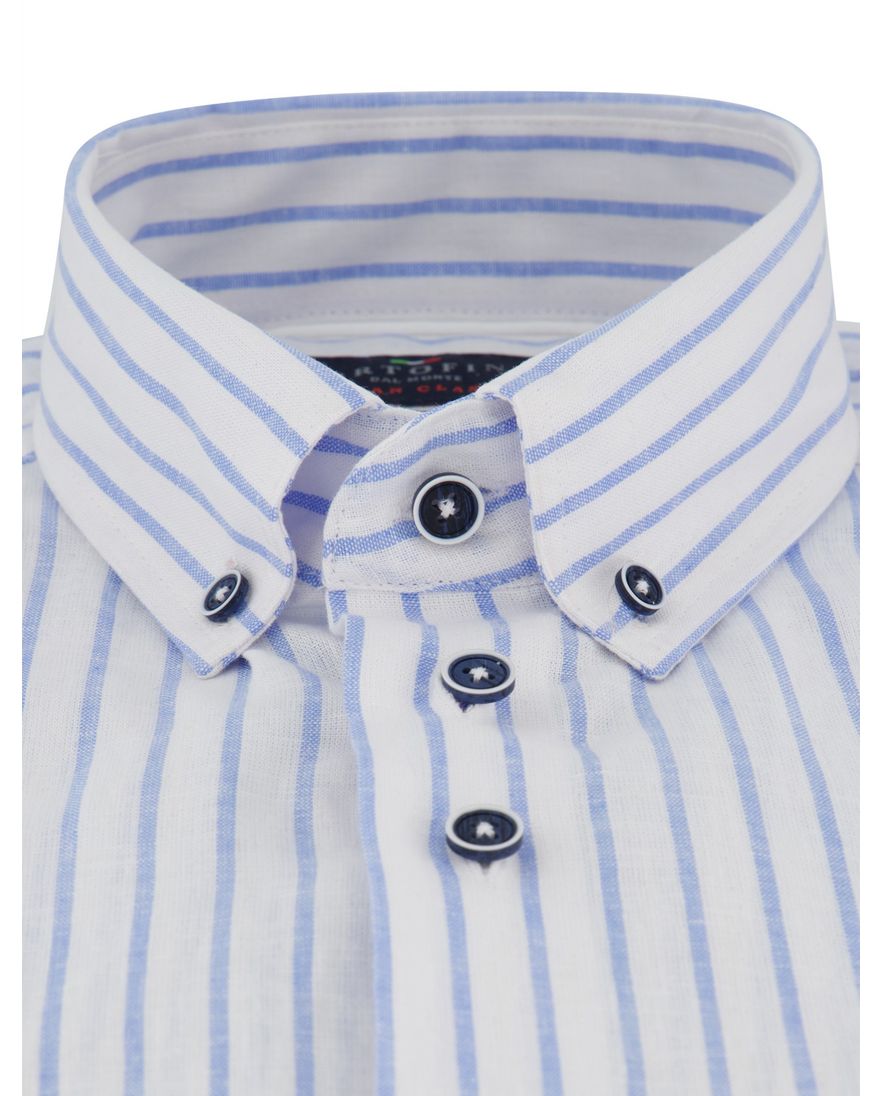 Portofino overhemd linnen gestreept korte mouw blauw Regular Fit