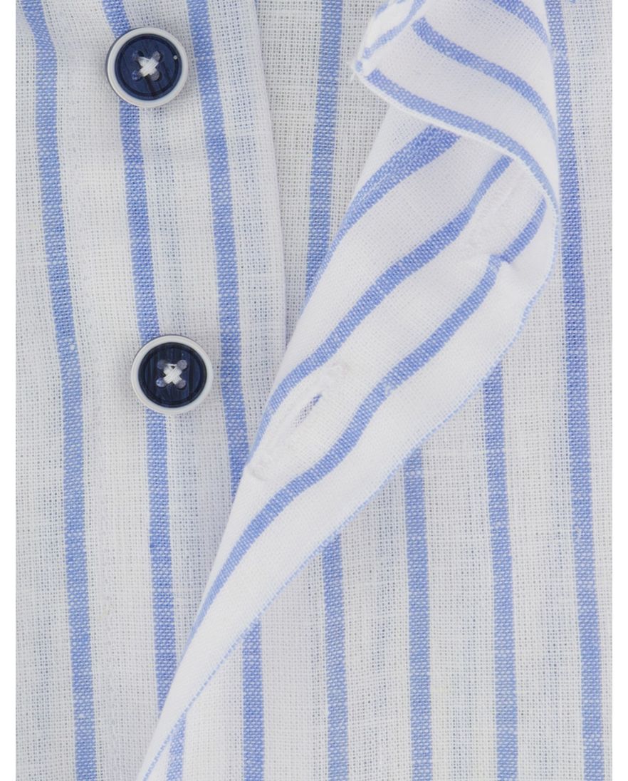 Portofino overhemd linnen gestreept korte mouw blauw Regular Fit