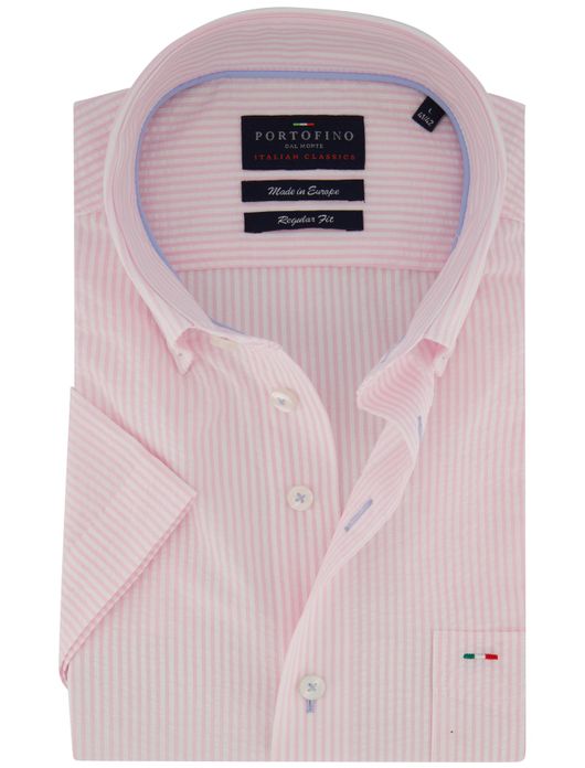 Portofino overhemd korte mouw roze streep Regular Fit