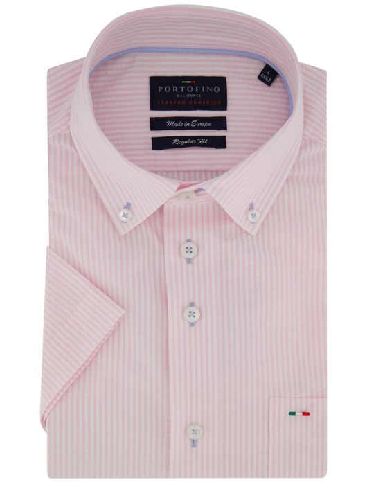 Portofino overhemd korte mouw roze streep Regular Fit