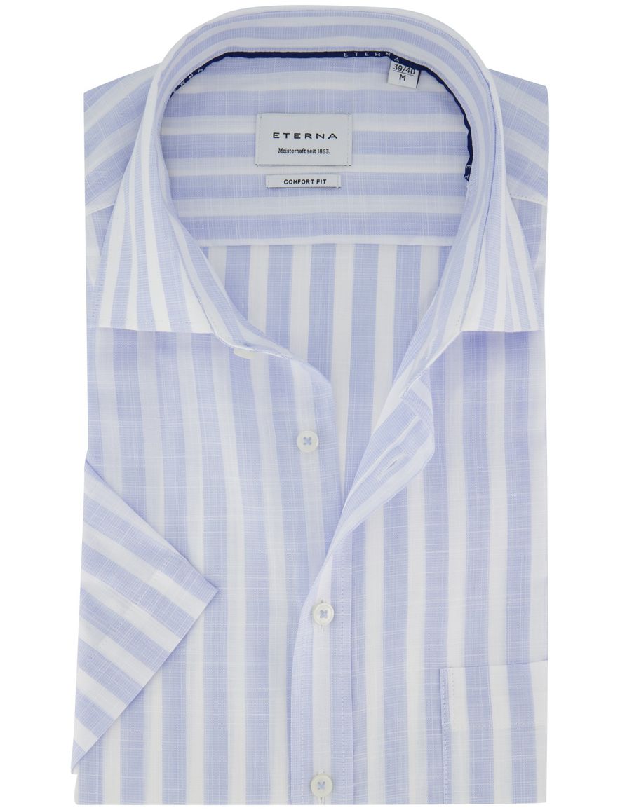 Wijde fit overhemd Eterna lichtblauwe strepen korte mouw