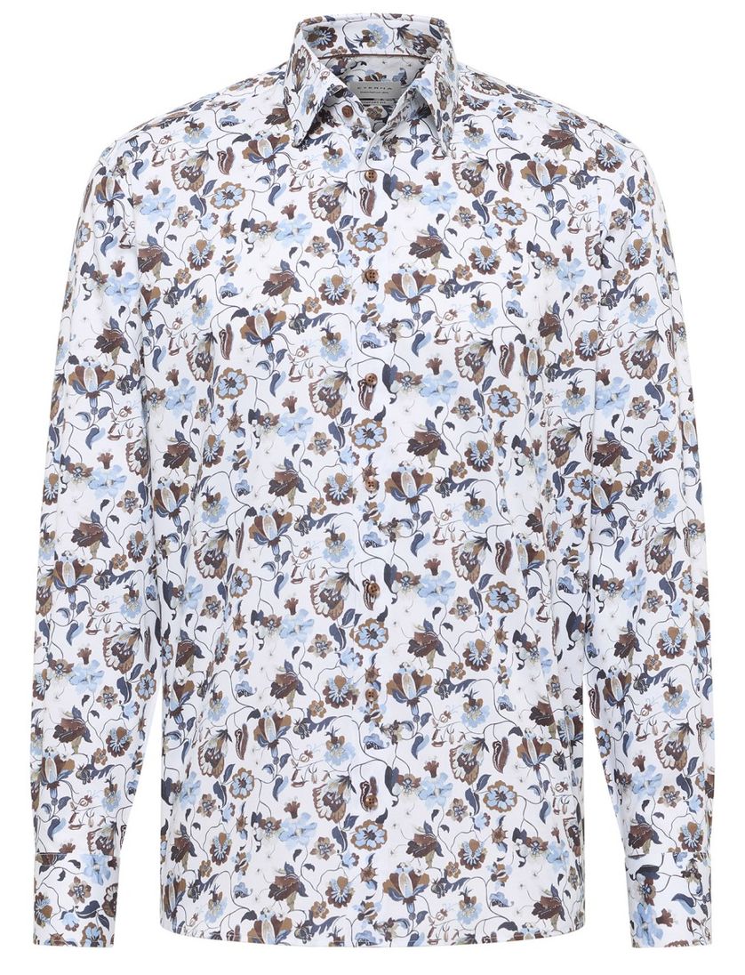 Overhemd wit geprint Eterna Comfort Fit bruin blauw bloemen