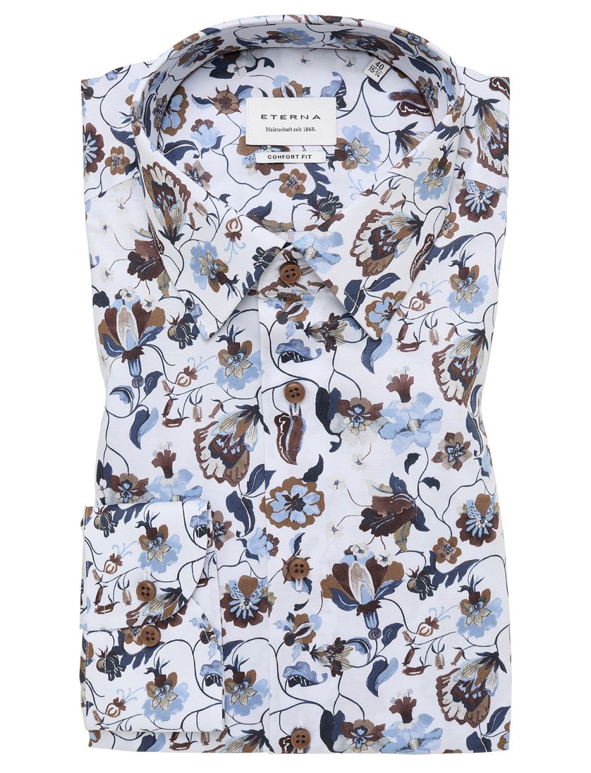 Overhemd wit geprint Eterna Comfort Fit bruin blauw bloemen