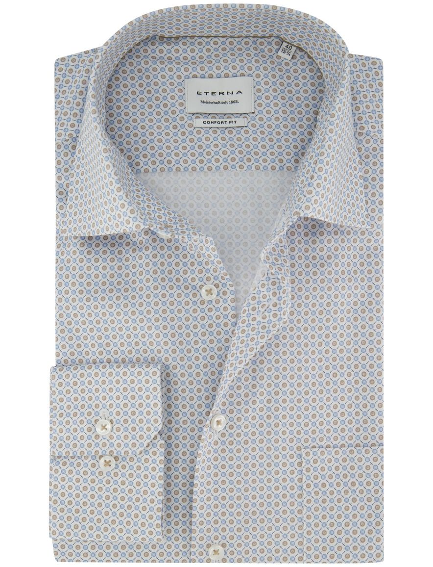 Wijde fit overhemd Eterna wit geprint met borstzak