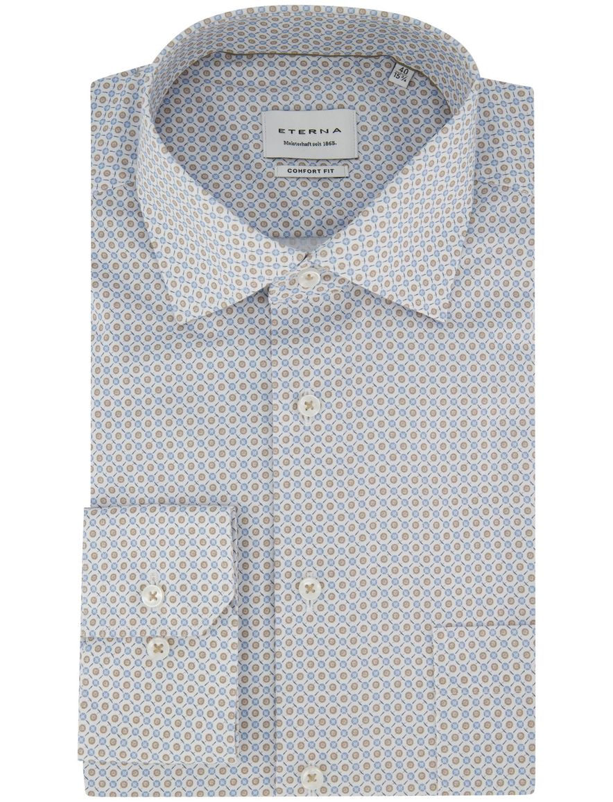 Wijde fit overhemd Eterna wit geprint met borstzak