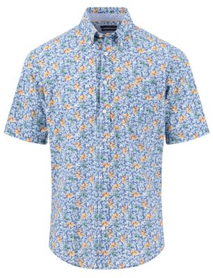 Fynch Hatton Korte mouw overhemd Fynch hatton bloemen blauw met borstzak