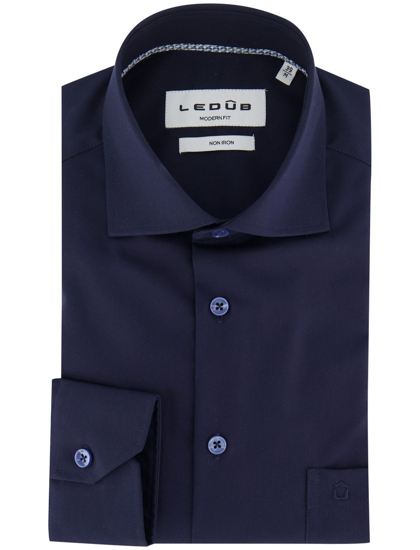 Overhemd donkerblauw Ledub Modern fit katoen wide spread