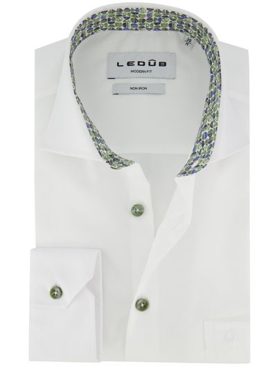 Ledub Strijkvrij wit overhemd Ledub Modern Fit gekleurde knoop