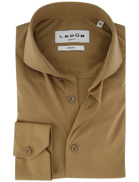 Ledub slim fit overhemd bruin cutaway boord jersey