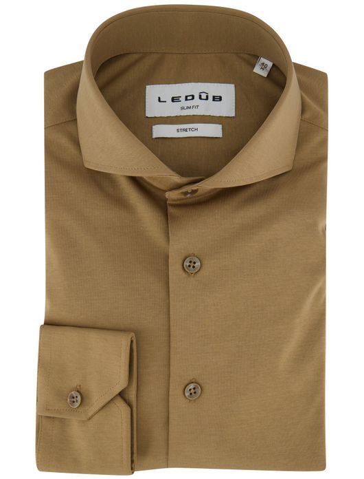 Ledub slim fit overhemd bruin cutaway boord jersey