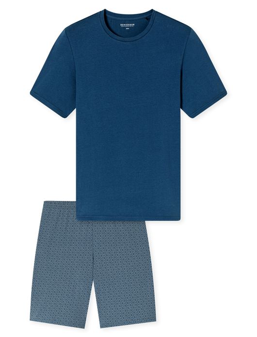 Schiesser shortama blauw dessin katoen ronde hals