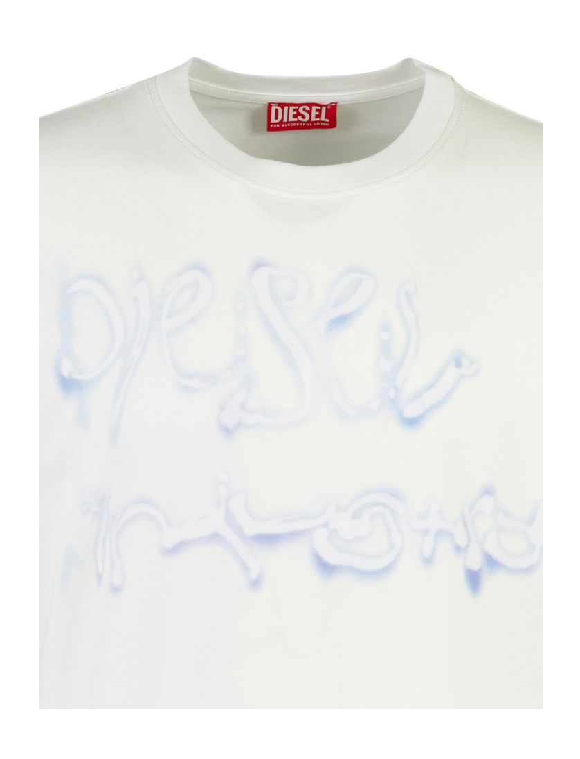 T-shirt wit Disel blauwe opdruk ronde hals